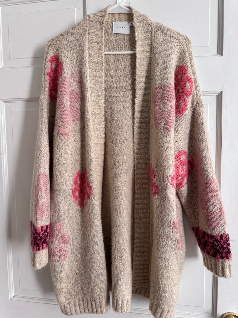Lush Beige Open-Front Cardigan with Pink Floral Accents
